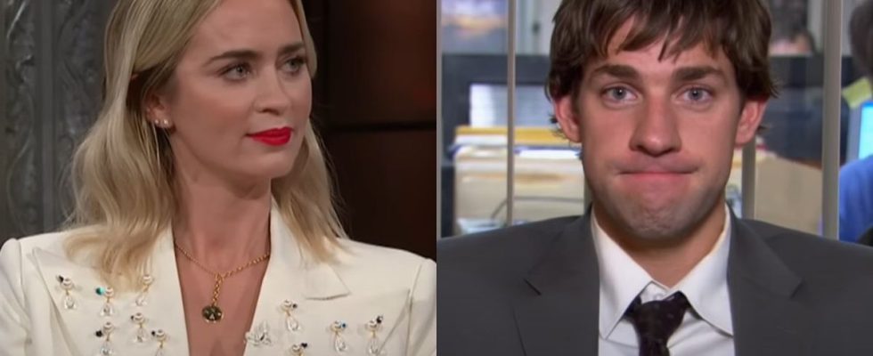 From left to right: screenshots of Emily Blunt on Stephen Colbert