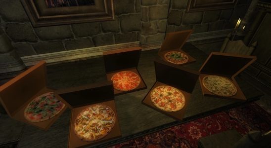 Image from Oblivion showing some pizzas on a table.