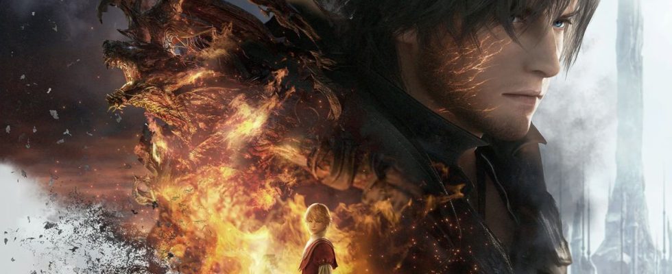 Final Fantasy 16 — key art for Final Fantasy 16, featuring protagonist Clive, doomed boy-sibling Joshua, and Ifrit, the fiery Eikon.