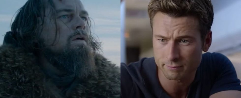 From left to right; Leonardo DiCaprio in The Revenant and Glen Powell in Anyone But You.