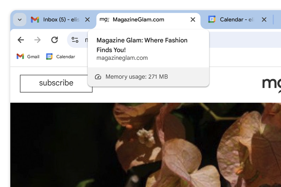 Capture d'écran d'une prochaine version de Chrome avec un économiseur de mémoire plus détaillé.  Trois onglets sont ouverts.  Celui en surbrillance montre un site Web appelé Magazine Glam utilisant 271 Mo de mémoire.