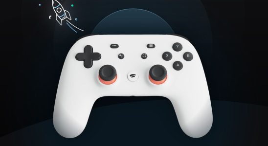Google Stadia controller with a rocketship flying away above it