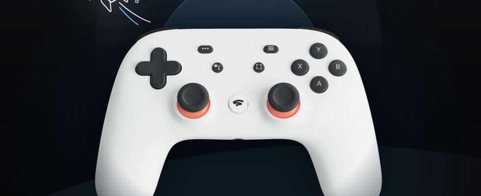 Google Stadia controller with a rocketship flying away above it