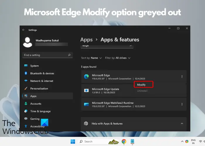 Option Microsoft Edge Modifier grisée