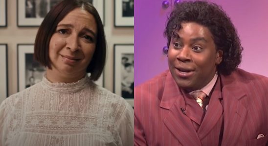 From right to left: screenshots of Maya Rudolph walking through the hall of SNL and Kenan Thompson in the What