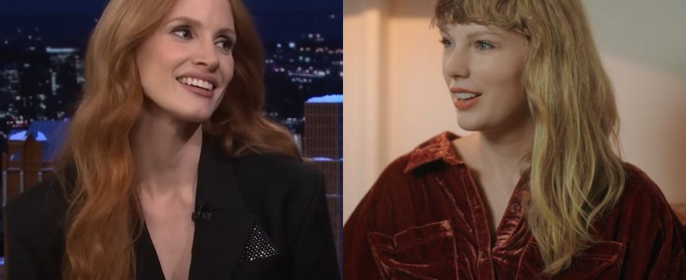 From left to right: Jessica Chastain on The Tonight Show and Taylor Swift in the Long Pond Studio Sessions for Folklore.