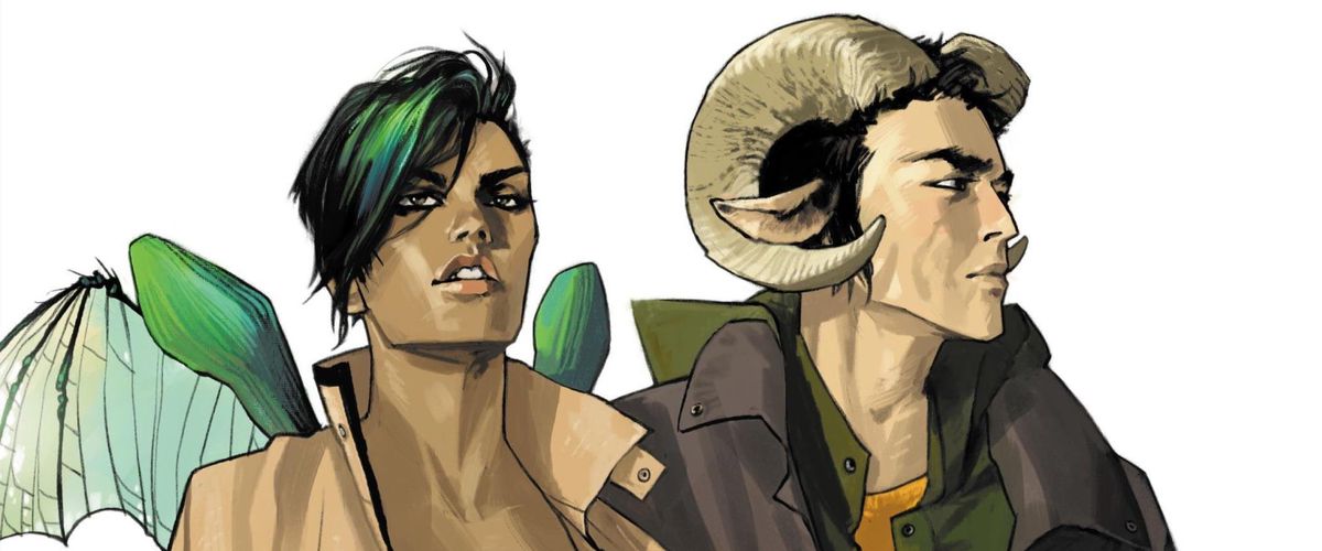 Alana et Marko, les adultes principaux de Saga.  Alana a la peau brune et des ailes insectoïdes vertes translucides, tandis que Marko a les oreilles pointues et les cornes enroulées d'un bélier de montagne.  Extrait de la couverture de Saga #1, Image Comics (2012).