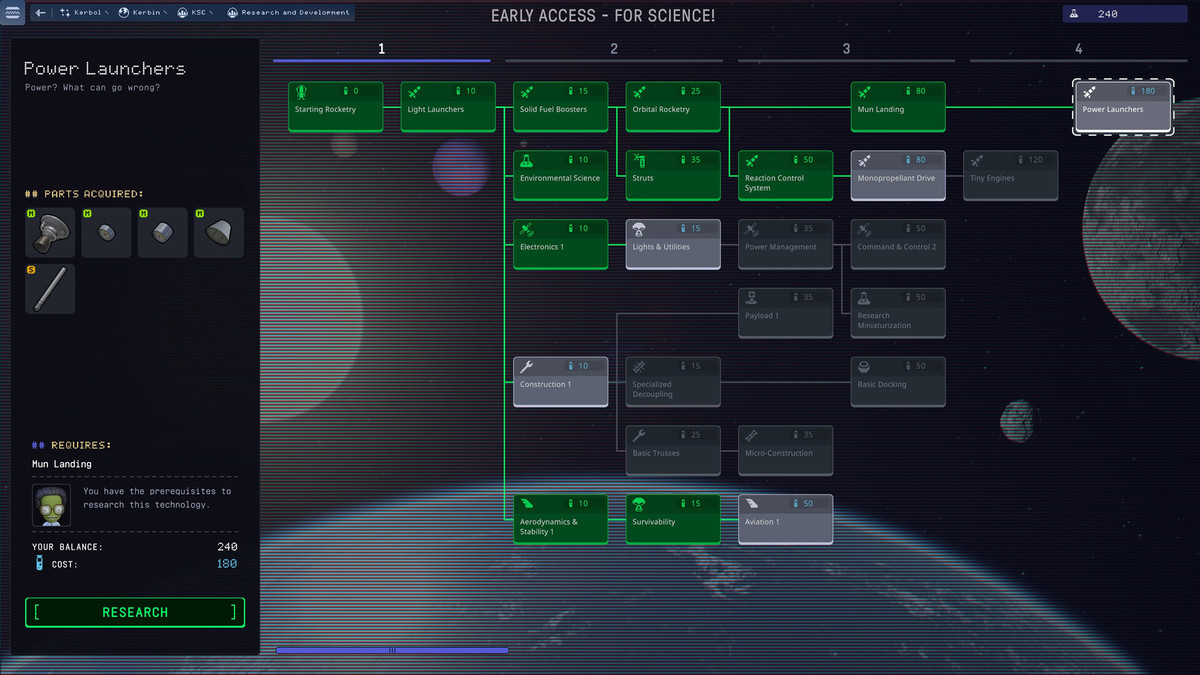 Une capture d'écran de l'arbre technologique de Kerbal Space Program 2