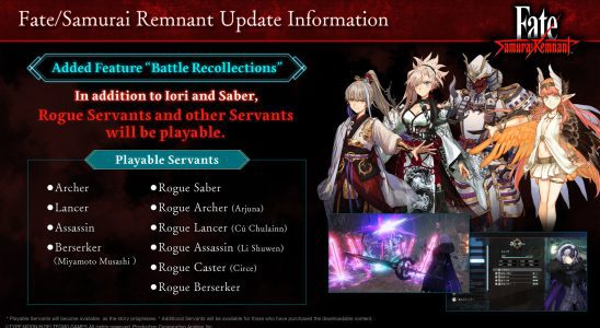 La mise à jour Fate/Samurai Remnant version 1.03 est maintenant disponible, ajoute de nouveaux niveaux de difficulté et des serviteurs jouables