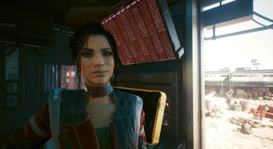 Panam Palmer, a romance option from Cyberpunk 2077, smirks haplessly at the camera.