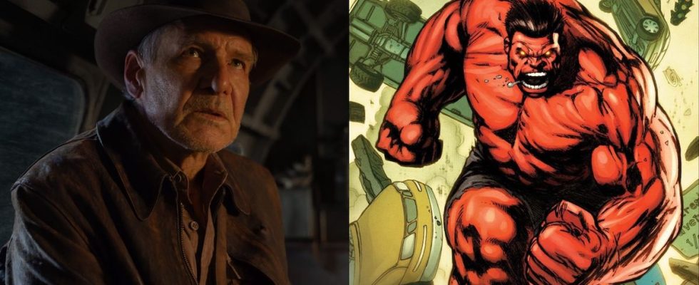 Harrison Ford as Indiana Jones in Dial of Destiny, and Marvel Comics artwork of Red Hulk