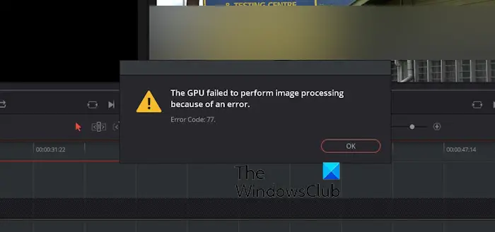 Le GPU n'a pas réussi à effectuer le traitement de l'image avec le code d'erreur