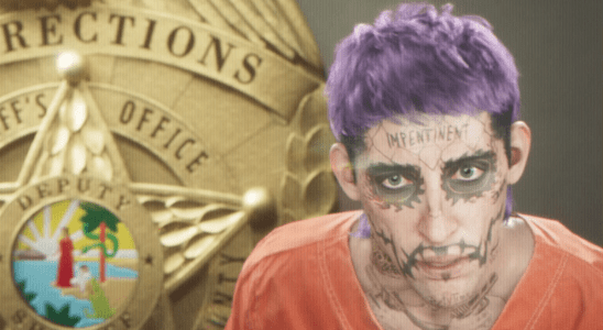 A man with purple hair and face tattoos poses for a mugshot in the GTA 6 trailer.