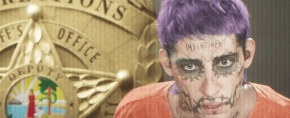 A man with purple hair and face tattoos poses for a mugshot in the GTA 6 trailer.