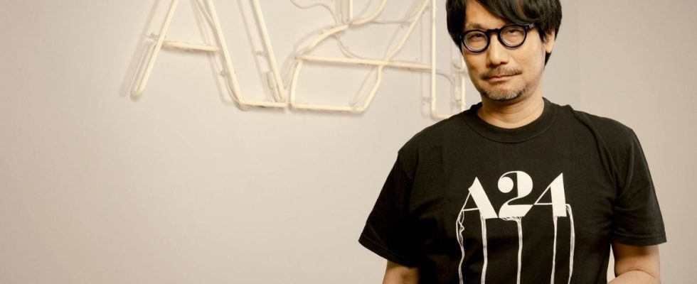 Hideo Kojima standing in front of an A24 logo