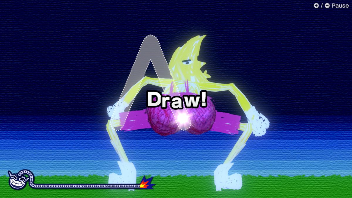 Une capture d'écran du micro-jeu Buttograph de WarioWare : Move It !  représentant un personnage avec un quart de lune pour un visage penché et dessinant une forme en trois lignes avec ses fesses