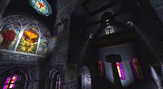 Thief: the inside of a gloomy church, featuring stained-glass windows.