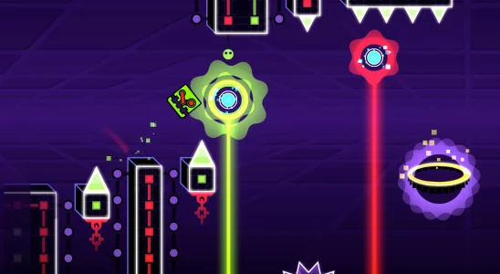 A header image for Geometry Dash showing the player character, a square, going through an obstacle course.