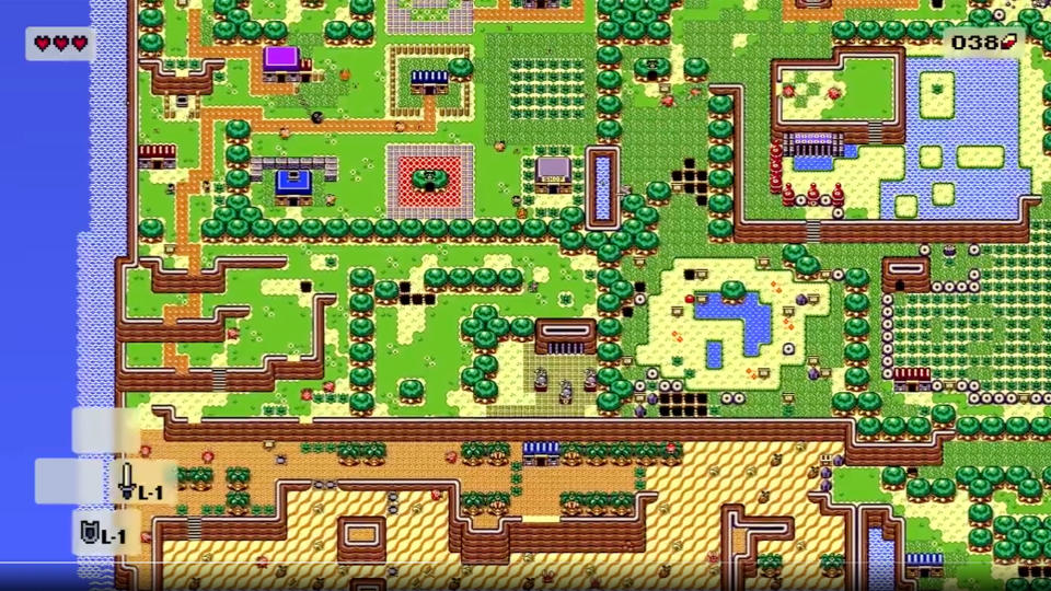 Remake réalisé par des fans de The Legend of Zelda : Link's Awakening, montrant la majeure partie de la partie sud-ouest de l'île de Koholint pendant que Link se promène.  Les graphismes colorés de la Game Boy de 1990 ont fait un zoom arrière bien au-delà de ce que ce matériel prenait en charge.