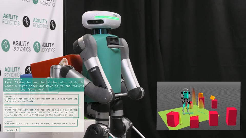 Image tirée d'une vidéo de démonstration du robot Digit tenant une caisse rouge.  Une superposition en bas à gauche révèle le monologue intérieur du robot, tandis qu'une autre en bas à droite montre une carte 3D que le robot utilise pour la navigation.