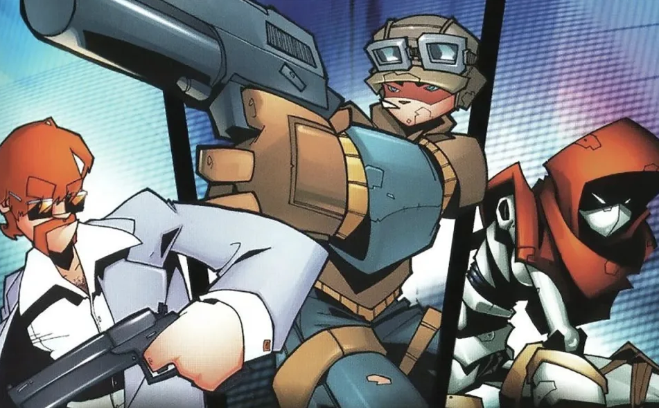 Un trio de personnages TimeSplitters avec des armes. 