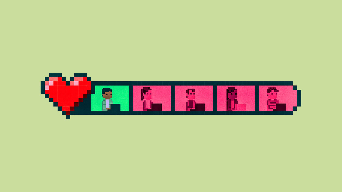 Illustration d'une barre de santé de jeu vidéo en pixels avec un cœur suivi de personnages en pixels.