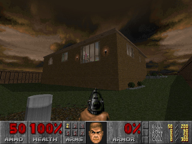 Un jeu réalisé sur Doom, appelé MyHouse.  Un homme pointe une arme sur une maison.
