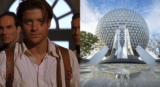 Brendan Fraser in The Mummy/Epcot sphere and fountain