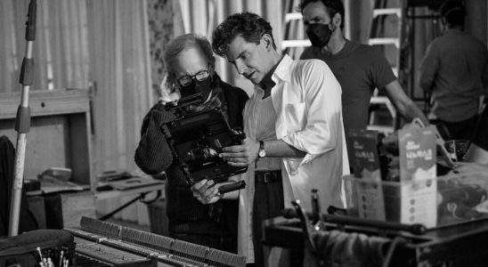 Producer Steven Spielberg and Writer/Director/Producer Bradley Cooper as Leonard Bernstein on the set of