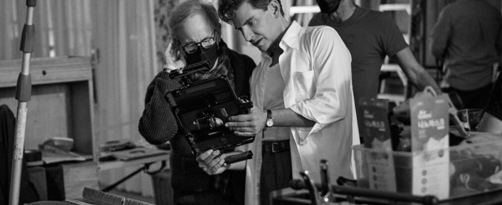 Producer Steven Spielberg and Writer/Director/Producer Bradley Cooper as Leonard Bernstein on the set of