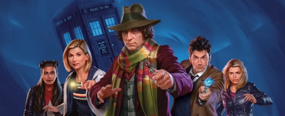 Three Doctors and two companions in front of the TARDIS