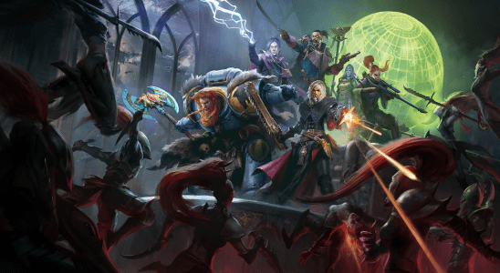 Image of armored men and women with guns and strange powers fighting off a mob of feral monsters inside a dark room in Warhammer 40k: Rogue Trader artwork.
