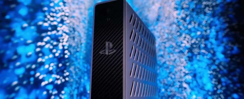 An image of a modified PS5 on a colored background