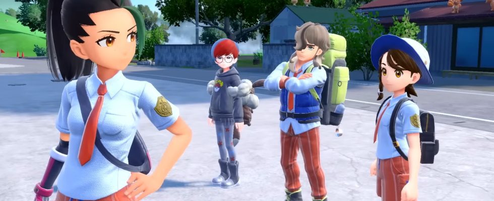 Four characters from the Pokemon Scarlet & Violet epilogue trailer.