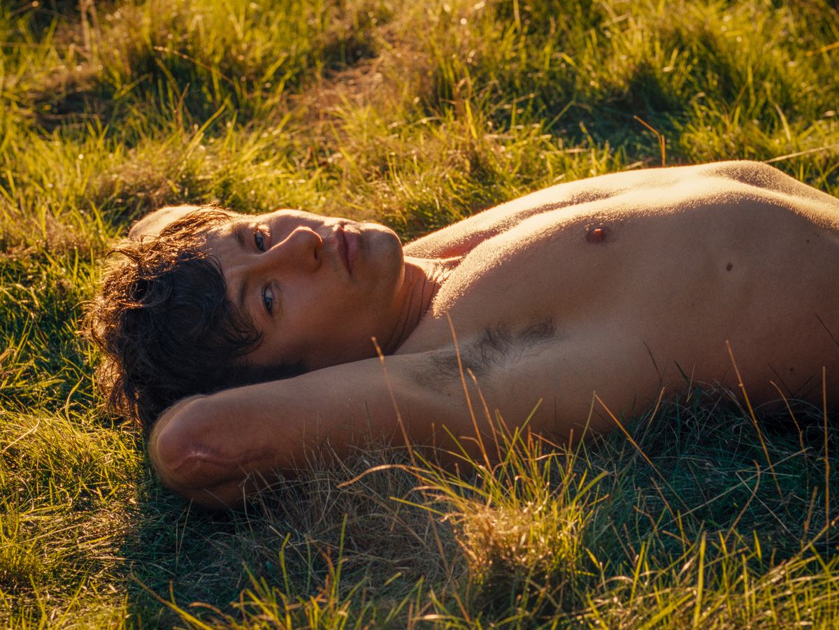 Oliver (Barry Keoghan), torse nu et allongé sur le dos avec un bras derrière la tête dans une prairie ensoleillée à Emerald Fennell's Saltburn