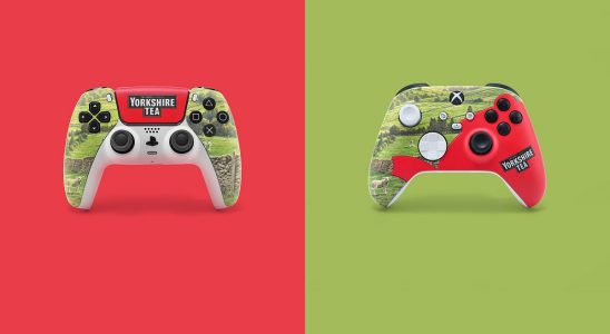 Yorkshire Tea-themed Xbox Series controller (left) and PS5 controller (right).