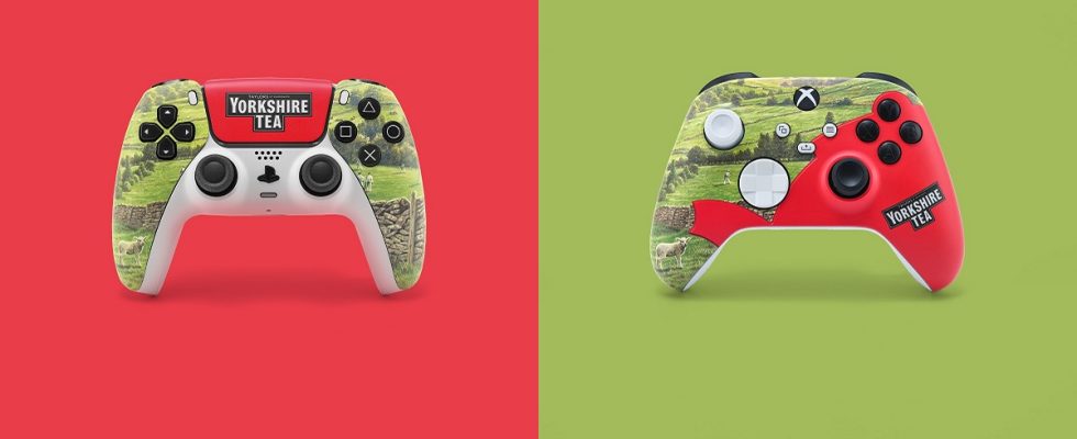 Yorkshire Tea-themed Xbox Series controller (left) and PS5 controller (right).