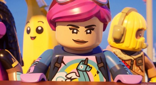Image of LEGO woman with pink hair and googles smirking in LEGO Fortnite.