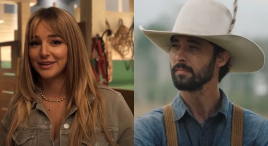 From left to right: A screenshot of Hassie Harrison in a Yellowstone BTS video and a screenshot of Ryan Bingham as Walker in a clip from Yellowstone.