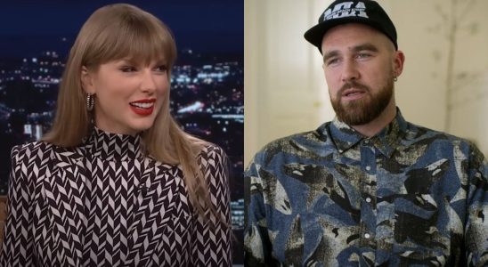 From left to right: screenshots of Taylor Swift on the Tonight Show and Travis Kelce in the documentary Kelce.