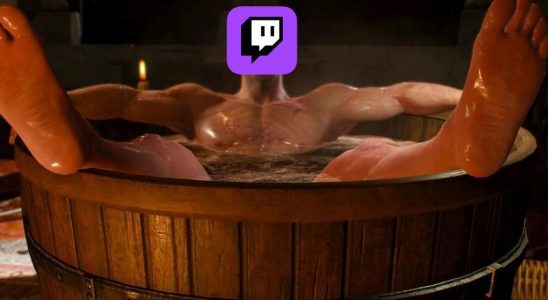 Geralt relaxes in a tub, his face replaced by the Twitch logo.