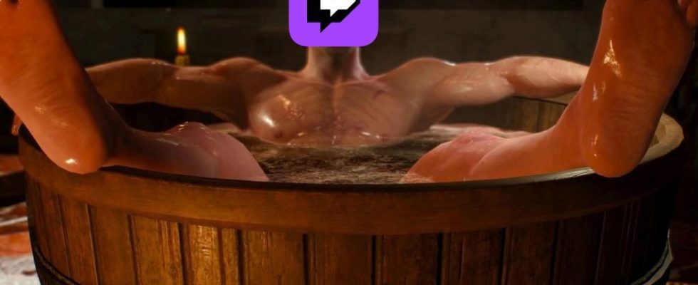 Geralt relaxes in a tub, his face replaced by the Twitch logo.