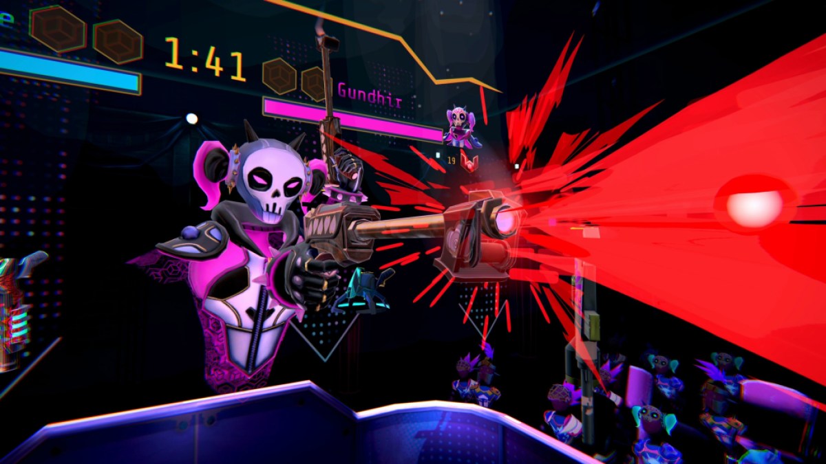 Un en-tête de Blaston qui montre une femme habillée comme un squelette tirant avec deux fusils.  L'écran derrière elle l'identifie comme étant Gundhir.  L'image fait partie d'un article sur les meilleurs jeux de fitness pour Meta Quest.