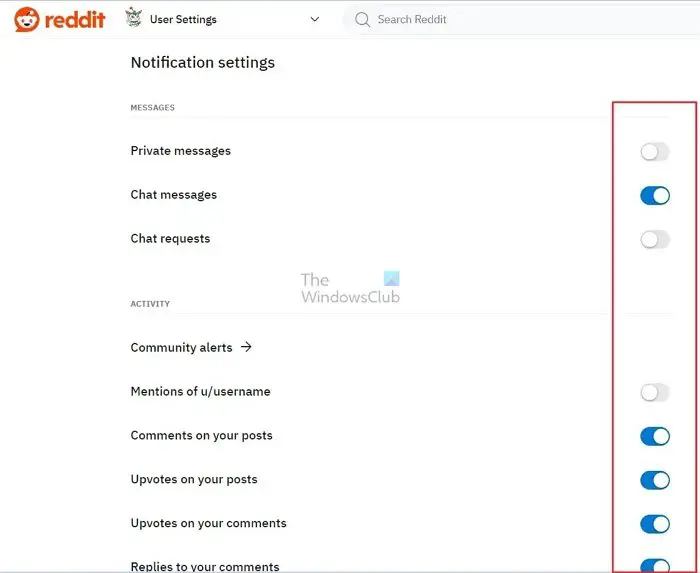Modifier les paramètres de notification Reddit