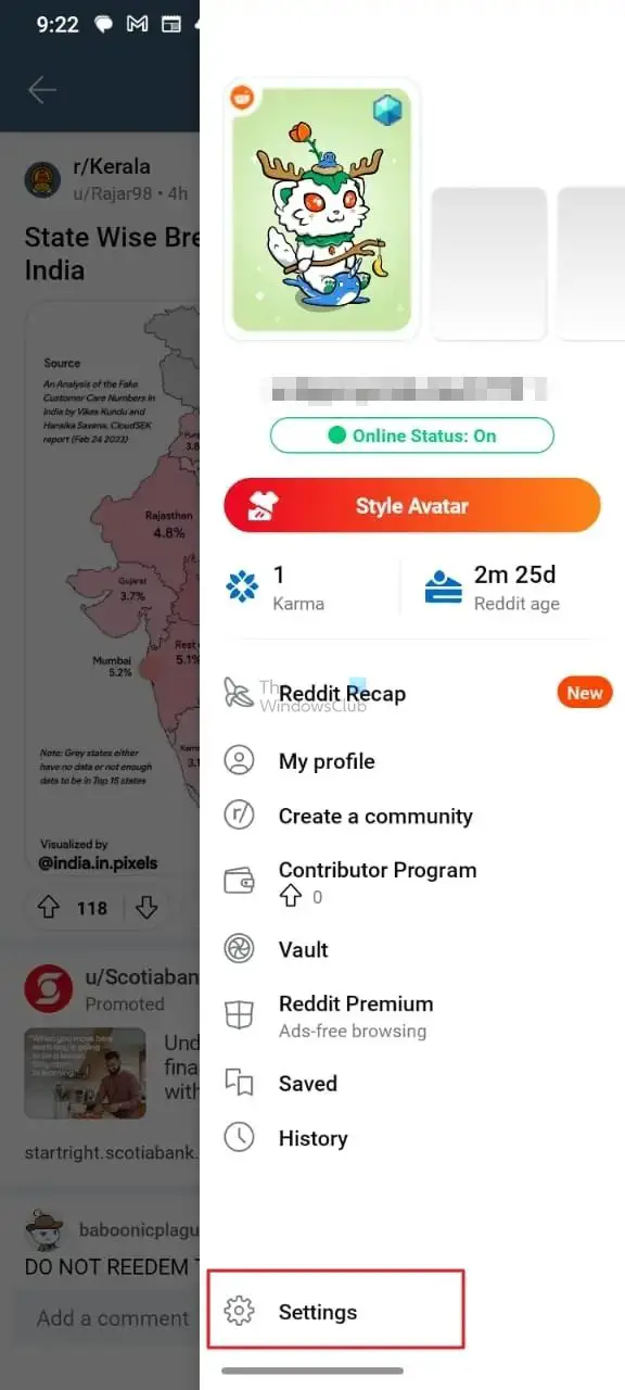 Sélectionnez les paramètres de l'application Reddit sur Android
