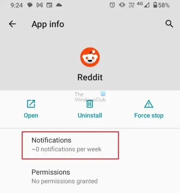 Cliquez sur Notification Reddit dans les paramètres de l'application