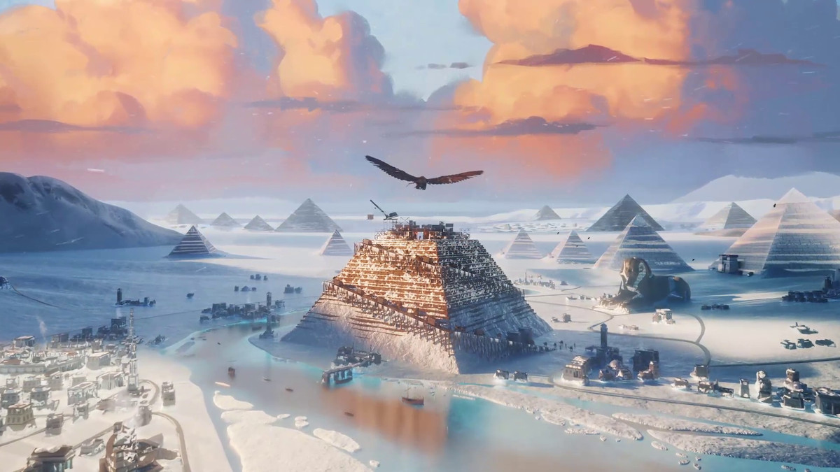 un aigle volant vers une pyramide en construction à Ara : History Untold
