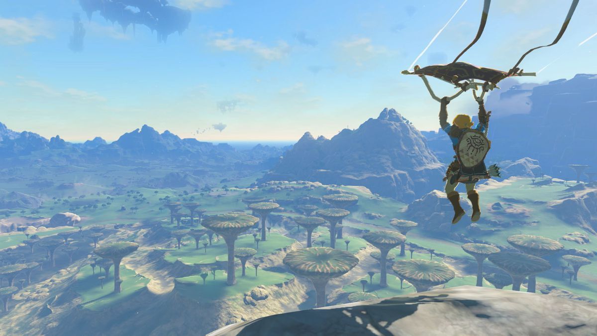 Link s'envole dans le ciel sur son planeur dans Tears of the Kingdom.