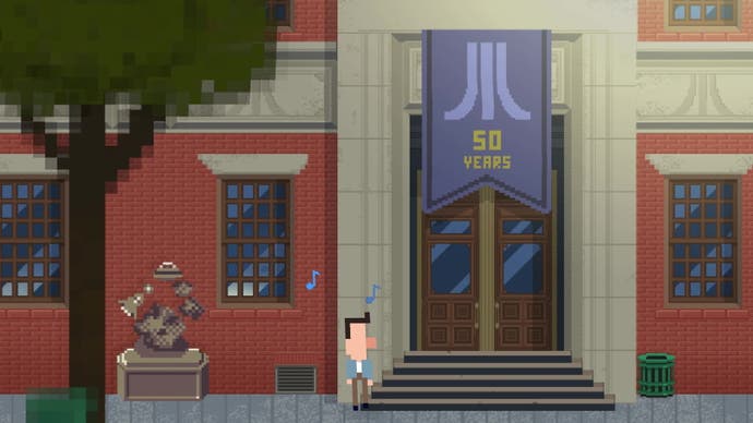 Capture d'écran d'Atari Mania montrant un homme à l'extérieur d'un bâtiment aux allures de musée au design rétro