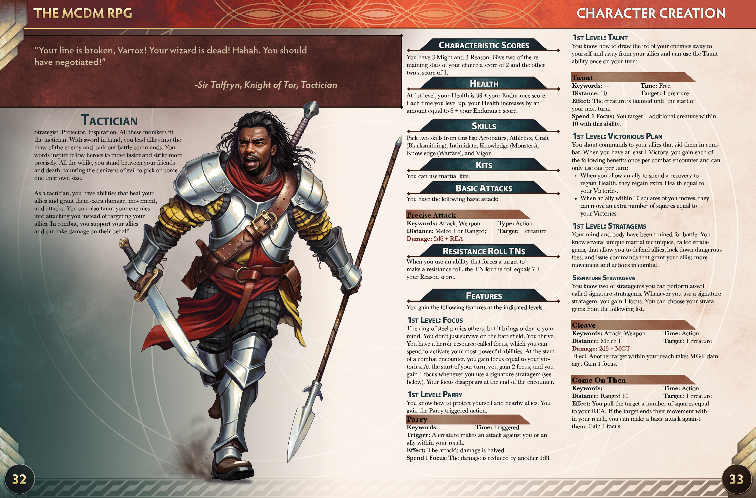 Une image du Tacticien, une classe du RPG MCDM, détaillant ses capacités et caractéristiques.